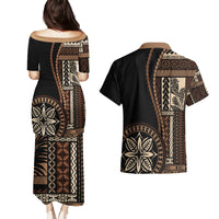 Samoa Siapo Motif Couples Matching Puletasi Dress and Hawaiian Shirt Classic Style - Black Ver LT7 - Polynesian Pride