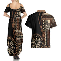 Samoa Siapo Motif Couples Matching Summer Maxi Dress and Hawaiian Shirt Classic Style - Black Ver LT7 - Polynesian Pride