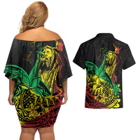 Personalised Reggae Jawaiian Festive Couples Matching Off Shoulder Short Dress and Hawaiian Shirt Mix Polynesian