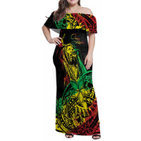 Personalised Reggae Jawaiian Festive Family Matching Off Shoulder Maxi Dress and Hawaiian Shirt Mix Polynesian