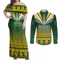 Cook Islands Rugby Custom Couples Matching Off Shoulder Maxi Dress and Long Sleeve Button Shirt Kuki Avaiki LT7 Yellow Green - Polynesian Pride