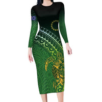 Cook Islands Rugby Kuki Avaiki Long Sleeve Bodycon Dress Tribal Turtle LT7 Long Dress Dark Green - Polynesian Pride