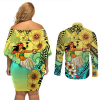 Honolulu Hawaii Couples Matching Off Shoulder Short Dress and Long Sleeve Button Shirt Ilima Plumeria with Hula Girl LT7 - Polynesian Pride