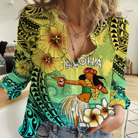 Honolulu Hawaii Women Casual Shirt Ilima Plumeria with Hula Girl LT7 Female Colorful - Polynesian Pride