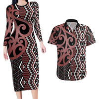 Maori Taniko Patterns Couples Matching Long Sleeve Bodycon Dress and Hawaiian Shirt Brown Patiki Motifs Mix Whakairo Ngaru