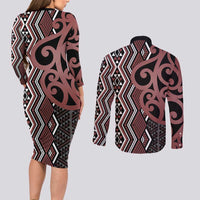 Maori Taniko Patterns Couples Matching Long Sleeve Bodycon Dress and Long Sleeve Button Shirt Brown Patiki Motifs Mix Whakairo Ngaru