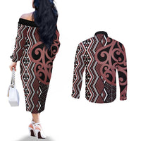 Maori Taniko Patterns Couples Matching Off The Shoulder Long Sleeve Dress and Long Sleeve Button Shirt Brown Patiki Motifs Mix Whakairo Ngaru