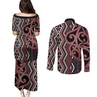 Maori Taniko Patterns Couples Matching Puletasi and Long Sleeve Button Shirt Brown Patiki Motifs Mix Whakairo Ngaru