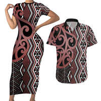 Maori Taniko Patterns Couples Matching Short Sleeve Bodycon Dress and Hawaiian Shirt Brown Patiki Motifs Mix Whakairo Ngaru