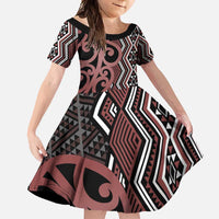Maori Taniko Patterns Family Matching Off Shoulder Maxi Dress and Hawaiian Shirt Brown Patiki Motifs Mix Whakairo Ngaru