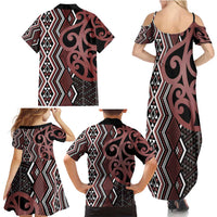 Maori Taniko Patterns Family Matching Summer Maxi Dress and Hawaiian Shirt Brown Patiki Motifs Mix Whakairo Ngaru