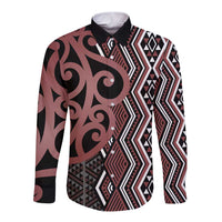Maori Taniko Patterns Long Sleeve Button Shirt Brown Patiki Motifs Mix Whakairo Ngaru