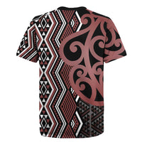 Maori Taniko Patterns Rugby Jersey Brown Patiki Motifs Mix Whakairo Ngaru