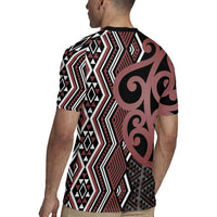 Maori Taniko Patterns Rugby Jersey Brown Patiki Motifs Mix Whakairo Ngaru