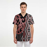 Maori Taniko Patterns Scrub Top Brown Patiki Motifs Mix Whakairo Ngaru - Polynesian Pride