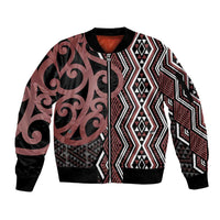 Maori Taniko Patterns Sleeve Zip Bomber Jacket Brown Patiki Motifs Mix Whakairo Ngaru