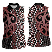 Maori Taniko Patterns Women Sleeveless Polo Shirt Brown Patiki Motifs Mix Whakairo Ngaru