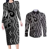 Maori Taniko Patterns Couples Matching Long Sleeve Bodycon Dress and Long Sleeve Button Shirt Black Patiki Motifs Mix Whakairo Ngaru