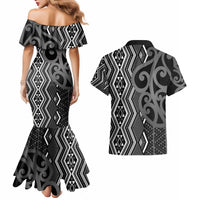 Maori Taniko Patterns Couples Matching Mermaid Dress and Hawaiian Shirt Black Patiki Motifs Mix Whakairo Ngaru