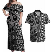 Maori Taniko Patterns Couples Matching Off Shoulder Maxi Dress and Hawaiian Shirt Black Patiki Motifs Mix Whakairo Ngaru