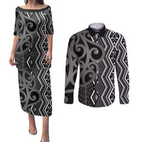 Maori Taniko Patterns Couples Matching Puletasi and Long Sleeve Button Shirt Black Patiki Motifs Mix Whakairo Ngaru