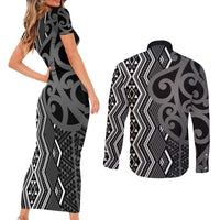 Maori Taniko Patterns Couples Matching Short Sleeve Bodycon Dress and Long Sleeve Button Shirt Black Patiki Motifs Mix Whakairo Ngaru
