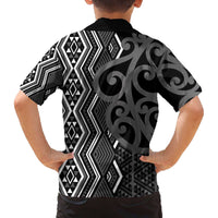 Maori Taniko Patterns Family Matching Off The Shoulder Long Sleeve Dress and Hawaiian Shirt Black Patiki Motifs Mix Whakairo Ngaru