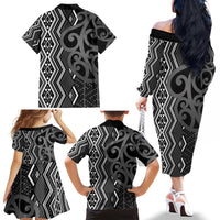 Maori Taniko Patterns Family Matching Off The Shoulder Long Sleeve Dress and Hawaiian Shirt Black Patiki Motifs Mix Whakairo Ngaru