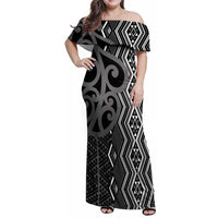 Maori Taniko Patterns Family Matching Off Shoulder Maxi Dress and Hawaiian Shirt Black Patiki Motifs Mix Whakairo Ngaru