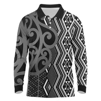 Maori Taniko Patterns Long Sleeve Polo Shirt Black Patiki Motifs Mix Whakairo Ngaru