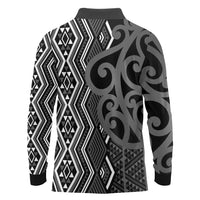 Maori Taniko Patterns Long Sleeve Polo Shirt Black Patiki Motifs Mix Whakairo Ngaru