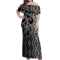 Maori Taniko Patterns Off Shoulder Maxi Dress Black Patiki Motifs Mix Whakairo Ngaru