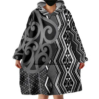 Maori Taniko Patterns Wearable Blanket Hoodie Black Patiki Motifs Mix Whakairo Ngaru