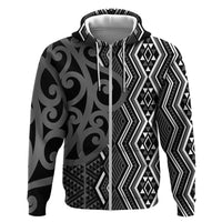 Maori Taniko Patterns Zip Hoodie Black Patiki Motifs Mix Whakairo Ngaru