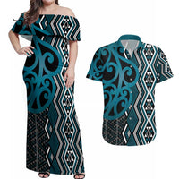 Maori Taniko Patterns Couples Matching Off Shoulder Maxi Dress and Hawaiian Shirt Azure Patiki Motifs Mix Whakairo Ngaru