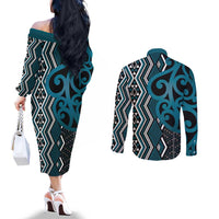 Maori Taniko Patterns Couples Matching Off The Shoulder Long Sleeve Dress and Long Sleeve Button Shirt Azure Patiki Motifs Mix Whakairo Ngaru