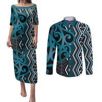 Maori Taniko Patterns Couples Matching Puletasi and Long Sleeve Button Shirt Azure Patiki Motifs Mix Whakairo Ngaru