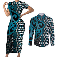 Maori Taniko Patterns Couples Matching Short Sleeve Bodycon Dress and Long Sleeve Button Shirt Azure Patiki Motifs Mix Whakairo Ngaru