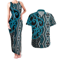 Maori Taniko Patterns Couples Matching Tank Maxi Dress and Hawaiian Shirt Azure Patiki Motifs Mix Whakairo Ngaru