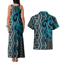 Maori Taniko Patterns Couples Matching Tank Maxi Dress and Hawaiian Shirt Azure Patiki Motifs Mix Whakairo Ngaru