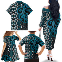 Maori Taniko Patterns Family Matching Off The Shoulder Long Sleeve Dress and Hawaiian Shirt Azure Patiki Motifs Mix Whakairo Ngaru