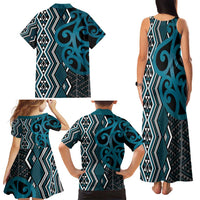 Maori Taniko Patterns Family Matching Tank Maxi Dress and Hawaiian Shirt Azure Patiki Motifs Mix Whakairo Ngaru