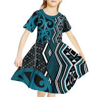 Maori Taniko Patterns Kid Short Sleeve Dress Azure Patiki Motifs Mix Whakairo Ngaru