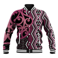 Maori Taniko Patterns Baseball Jacket Pink Patiki Motifs Mix Whakairo Ngaru