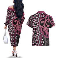 Maori Taniko Patterns Couples Matching Off The Shoulder Long Sleeve Dress and Hawaiian Shirt Pink Patiki Motifs Mix Whakairo Ngaru