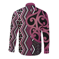 Maori Taniko Patterns Long Sleeve Button Shirt Pink Patiki Motifs Mix Whakairo Ngaru
