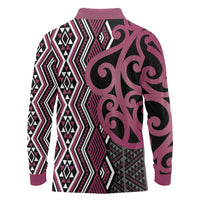 Maori Taniko Patterns Long Sleeve Polo Shirt Pink Patiki Motifs Mix Whakairo Ngaru