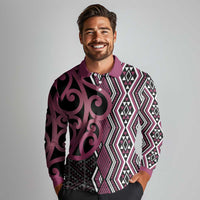 Maori Taniko Patterns Long Sleeve Polo Shirt Pink Patiki Motifs Mix Whakairo Ngaru