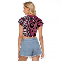 Maori Taniko Patterns Raglan Cropped T Shirt Pink Patiki Motifs Mix Whakairo Ngaru LT7 - Polynesian Pride