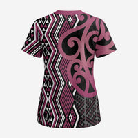 Maori Taniko Patterns Scrub Top Pink Patiki Motifs Mix Whakairo Ngaru - Polynesian Pride